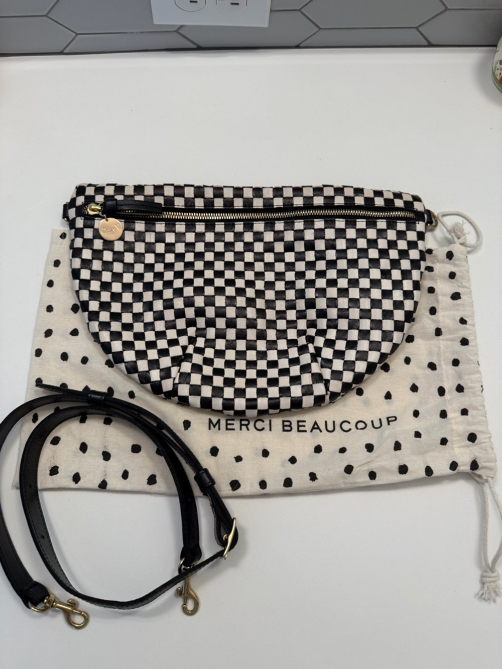Clare V Black & Cream Checker Leather Grande Fanny Crossbody Bag